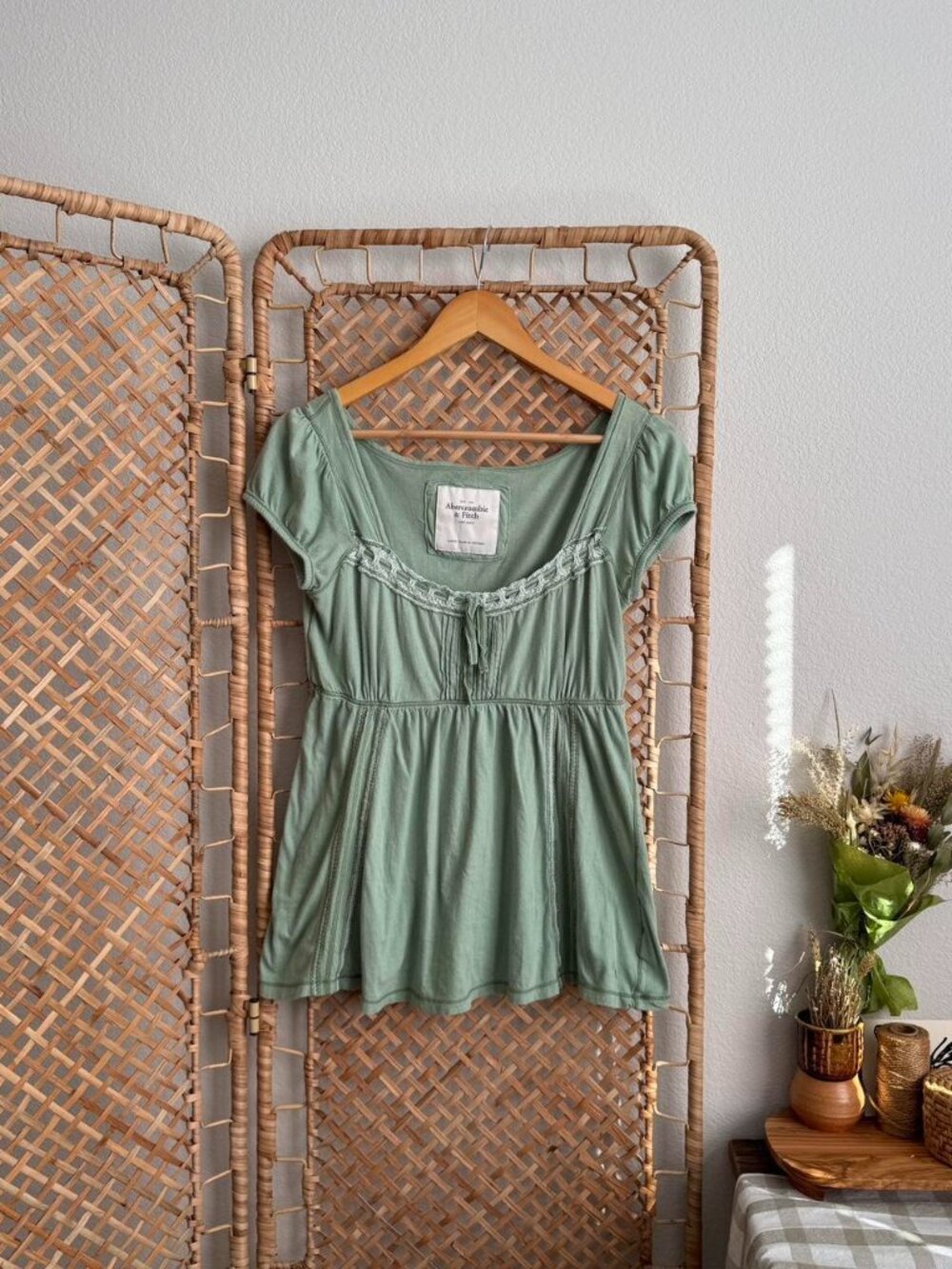 RARE Vintage Y2K Abercrombie & Fitch Milkmaid Babydoll Top in Sage Green - Large